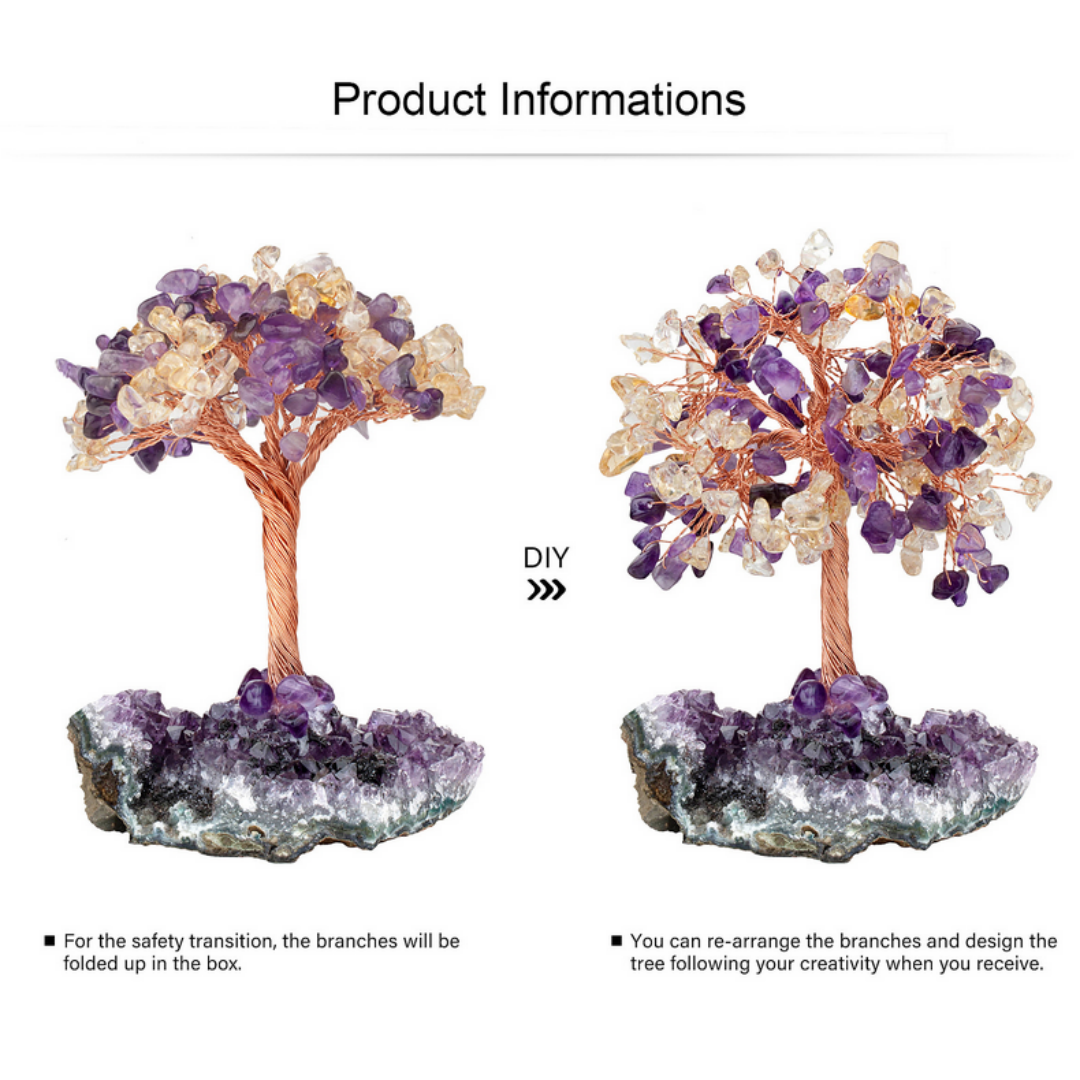 Amethyst Citrine and Clear Quartz crystal feng shui tree for balance, clarity and abundance, handmade copper wire tree on amethyst