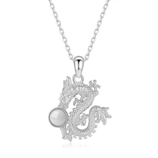 Silver Dragon Pendant - Wisdom Keeper Necklace with Carnelian/Jade