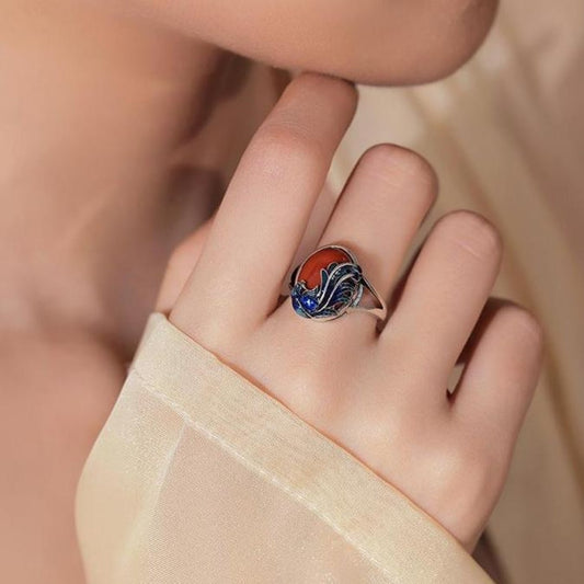 Peacock Enamel Carnelian Ring - Intuition Amplifier Thai Sterling Silver