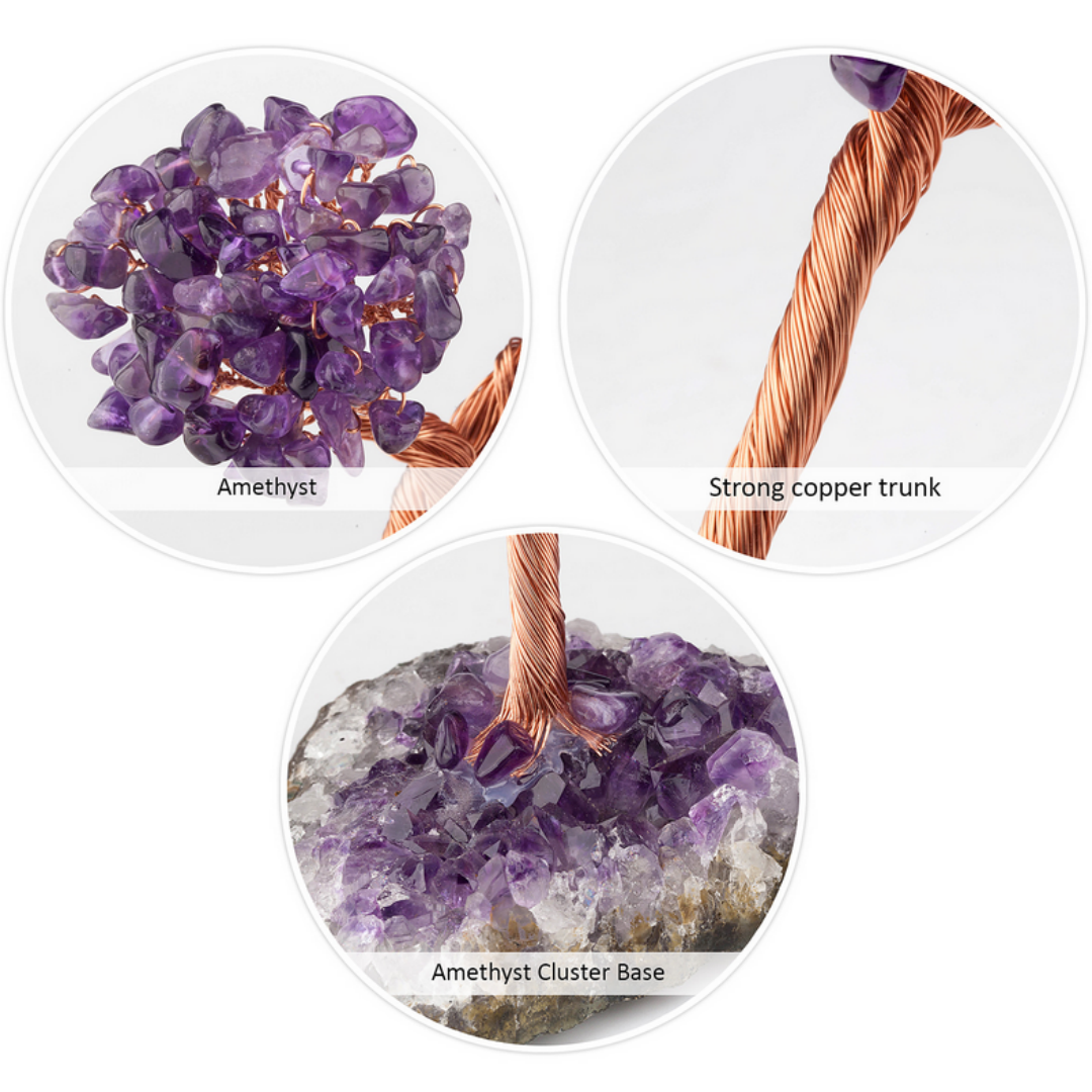 Amethyst feng shui crystal tree for inner peace and third-eye alignment, crystal decor with copper wire on amethyst