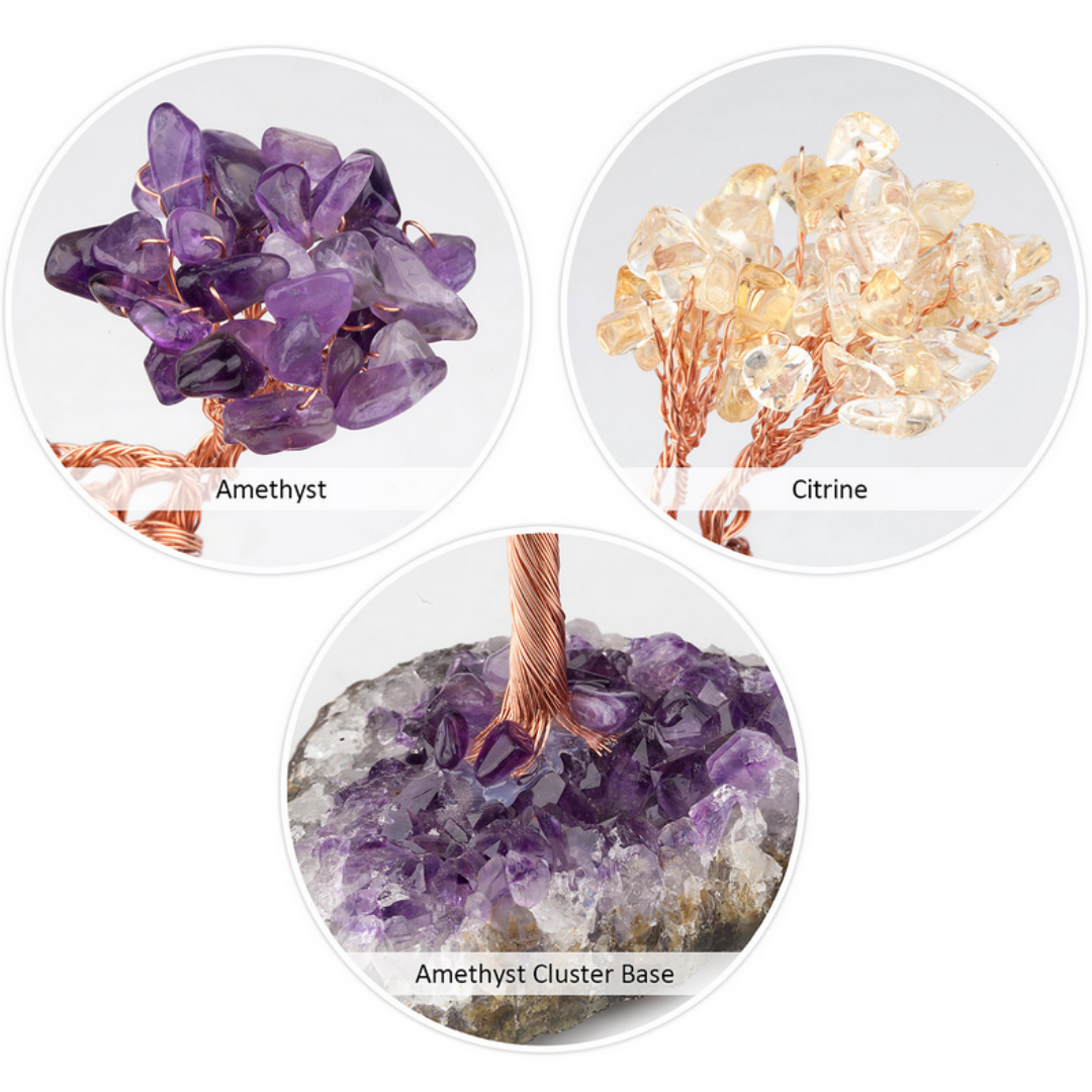 Amethyst Citrine and Clear Quartz crystal feng shui tree for balance, clarity and abundance, handmade copper wire tree on amethyst