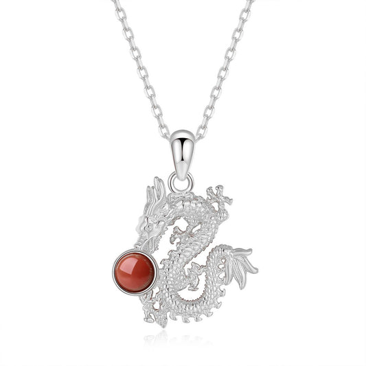 Silver Dragon Pendant - Wisdom Keeper Necklace with Carnelian/Jade