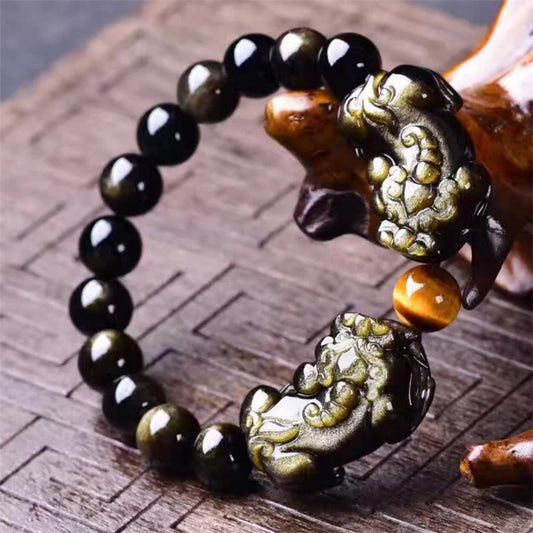 Double Pi Xiu Wealth Guardian Bracelet - Black Obsidian & Tiger Eye for Business Luck