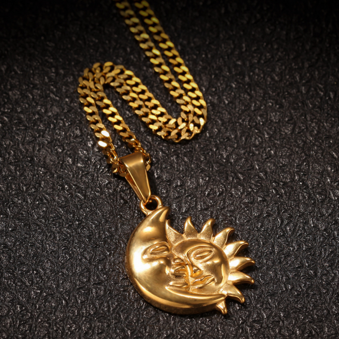Large gold plated sun and moon yin-yang pendant necklace on a 60cm chain