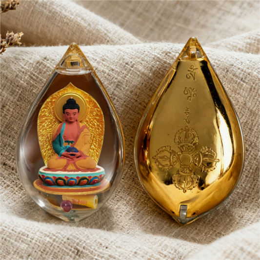 Hand-painted thangka lotus petal pendant necklace with dimensional Buddhist deity artwork