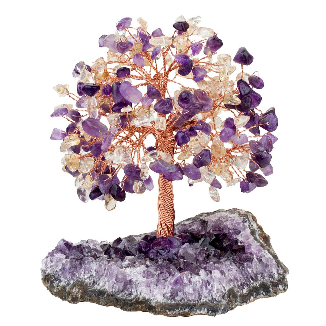 Amethyst Citrine and Clear Quartz crystal feng shui tree for balance, clarity and abundance, handmade copper wire tree on amethyst