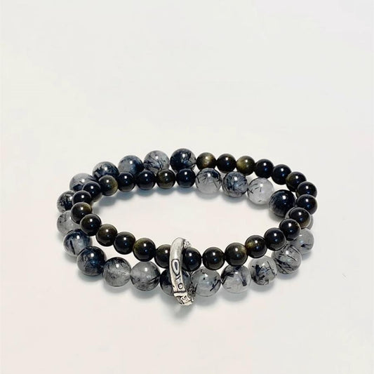 Gold Obsidian & Black Rutilated Quartz Double Wrap Bracelet – Protection & Prosperity Jewelry