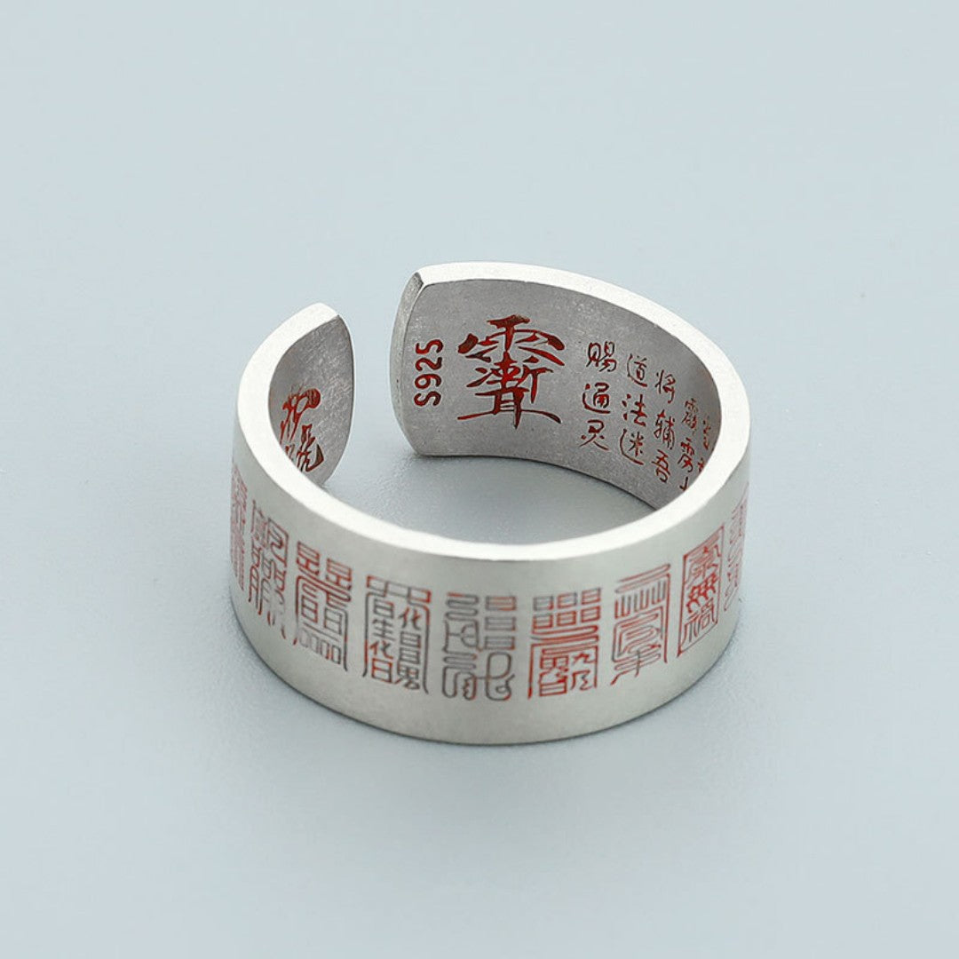 Taoist Golden Seal Heart Mantra Ring in S925 sterling silver with engraved Daoist symbols