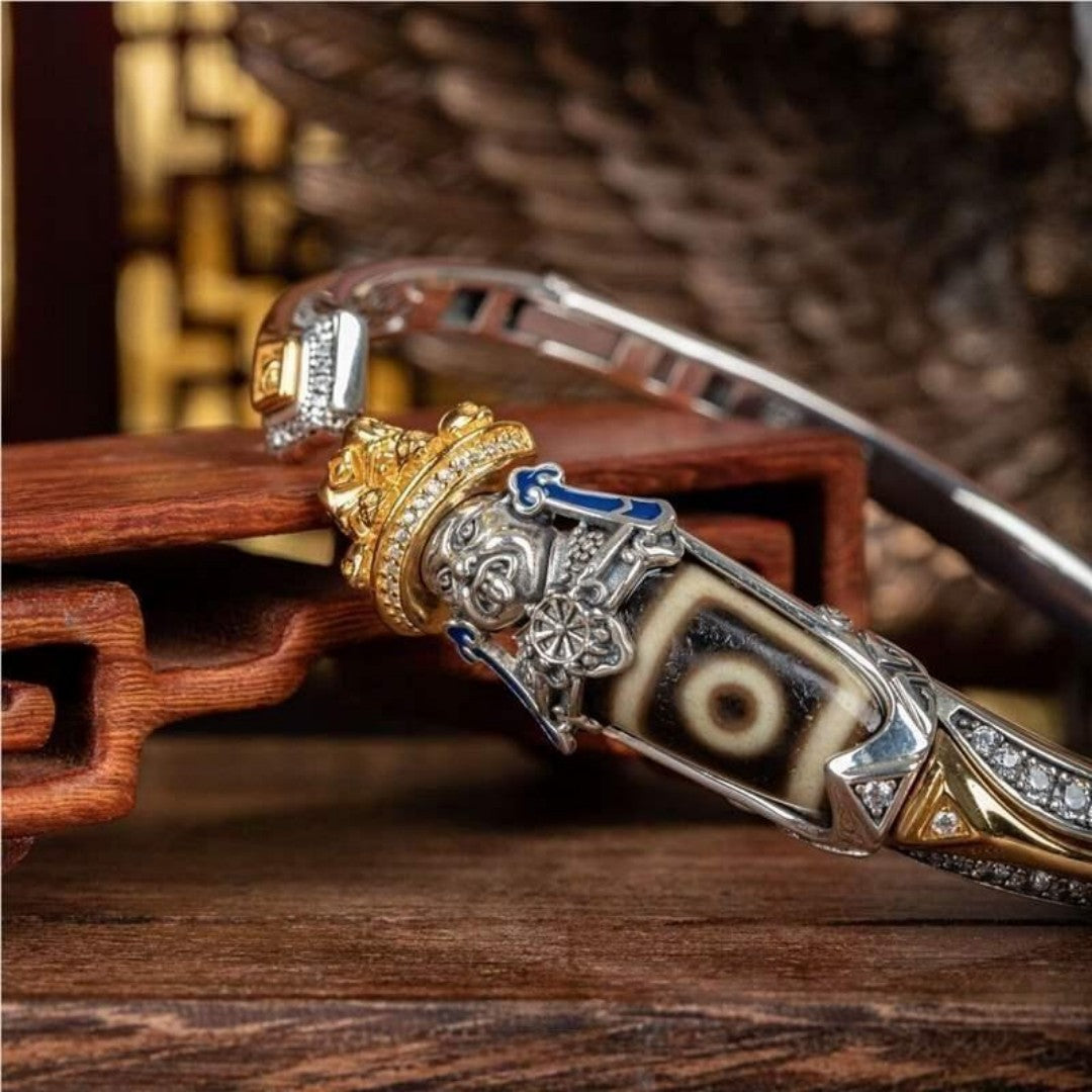 Tibetan wealth Dzi bead bangle with Nine-Eye Dzi beads on brass open cuff