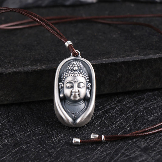 S999 Buddha Pendant Necklace – Vintage Sterling Silver Buddha Head & Lotus Flower Design