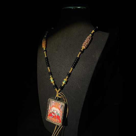 Obsidian and red Dzi bead necklace with Nine-Tailed Fox pendant