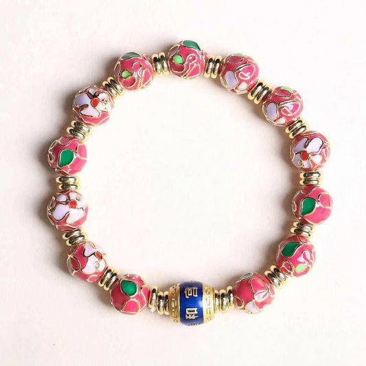 Cloisonné enamel flower bracelet with 10mm glass beads — Prosperity Blossom design
