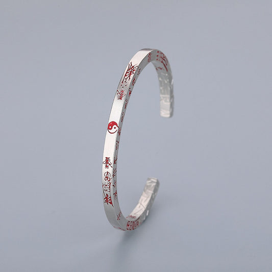 Vintage S925 sterling silver bracelet with Nine-Character Mantra and Vermilion inlay for protection