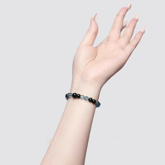 Devil's Blue Aquamarine Bracelet - High Clarity Stone with Obsidian for Emotional Armor