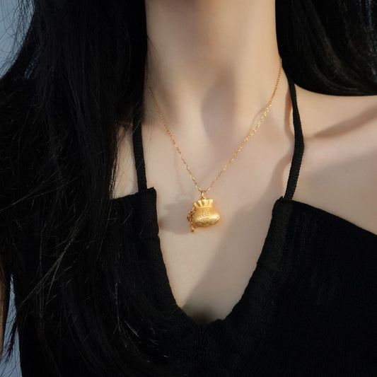 Lucky Sack & Coin Abundance Necklace - Gold Plated Sterling Silver for Wealth Flow