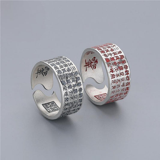 Handcrafted Daoist hammered silver ring with Golden Thunder Mantra and Vermilion inscriptions