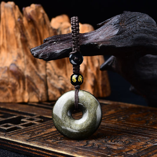 Golden obsidian Pi disc pendant with braided rope and mantra bead