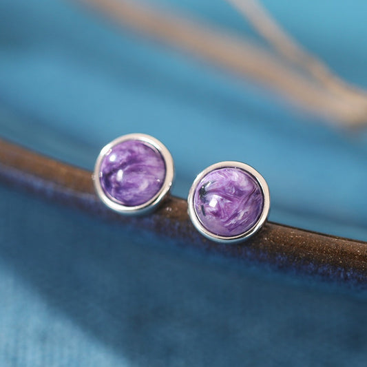Charoite Soul Star Studs (Charoite Beads) - Intuition Activation Earrings Sterling Silver
