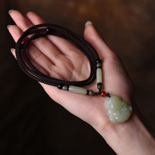 Natural White Jade Laughing Buddha Pendant Necklace for Ladies