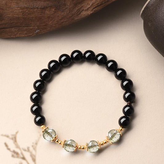 Black Obsidian & Green Phantom Quartz Energy Shielding Bracelet - Protection for Anxiety Relief (6mm/8mm/10mm)