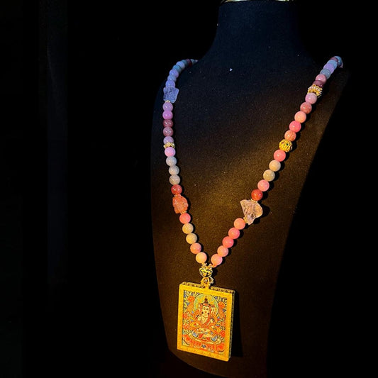 Multicolor bead necklace with Alshan Thangka pendant