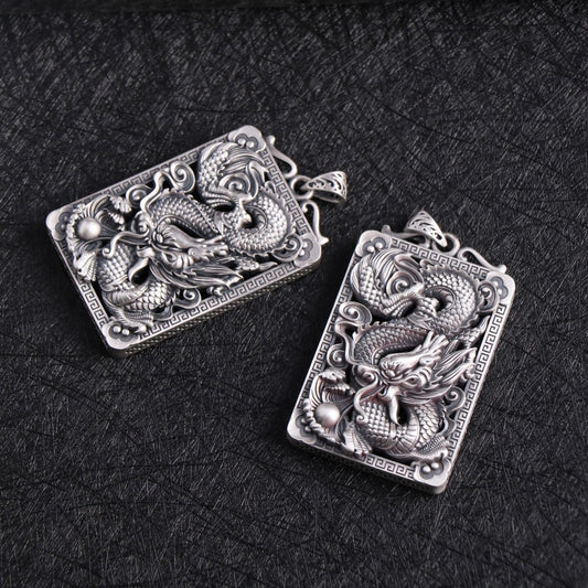 S999 Sterling Silver Chinese Dragon Pendant – Vintage Hollow Carved Feng Shui Talisman Necklace