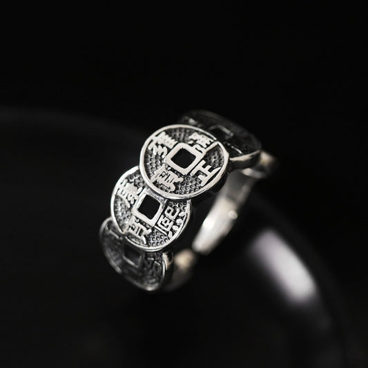 Five Emperor Coins Ring - Ancient Chinese Prosperity Amulet Sterling Silver