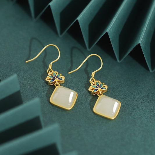Lucky Lotus & Cloud Earrings with Hetian Jade- Gold Plated Sterling Silver