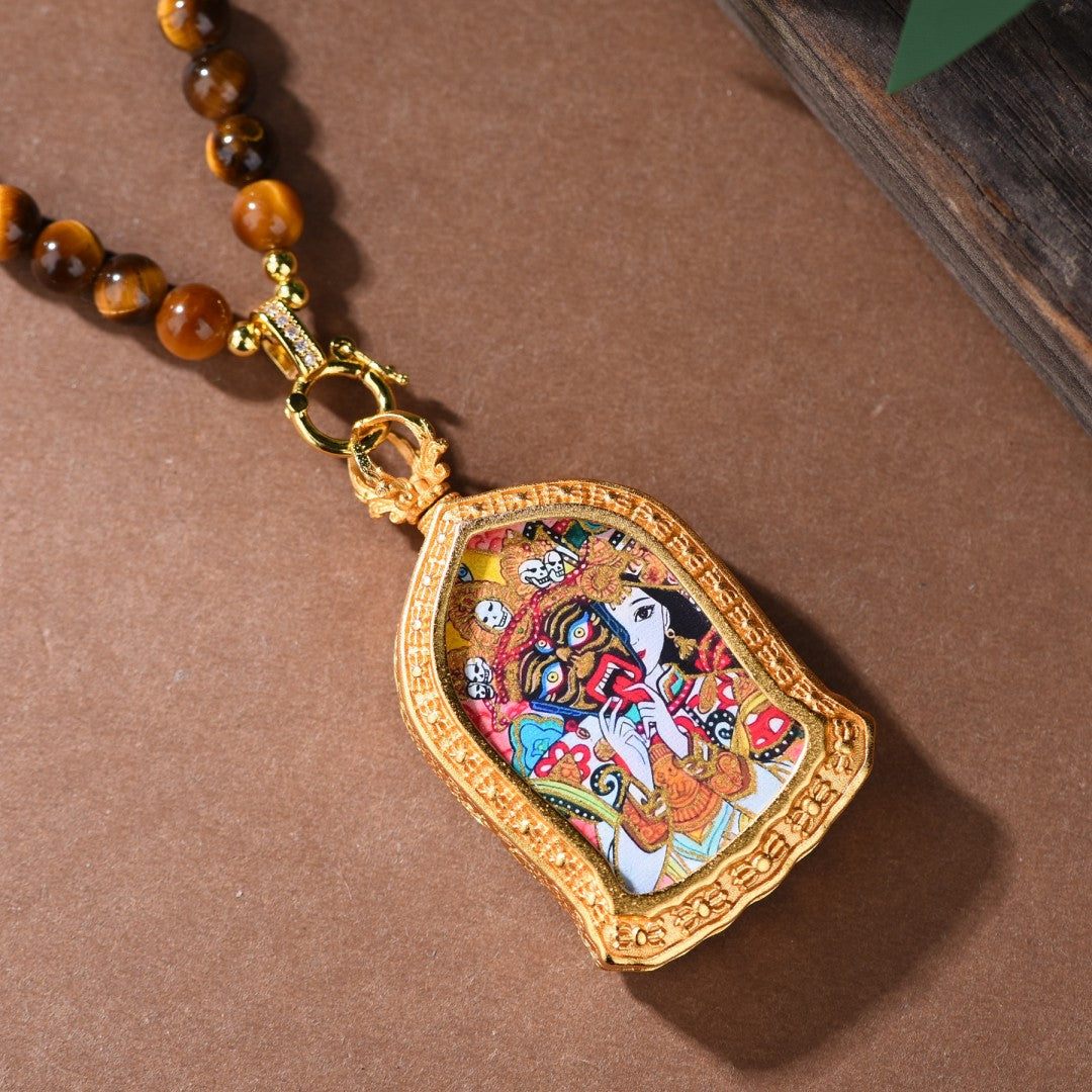 Clear quartz and tiger's eye necklace with Zakiram Tibetan Thangka pendant