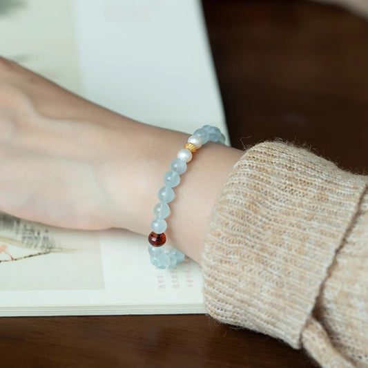 Aquamarine freshwater pearl blood amber Feng Shui bracelet