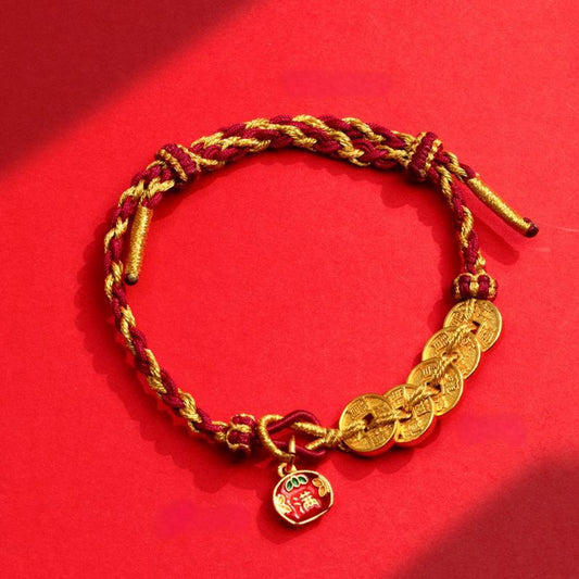 Five Emperor Coins Red String Bracelet – Feng Shui Wealth & Protection Jewelry