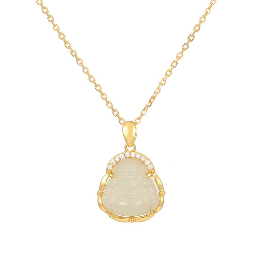 Hetian Jade Buddha Necklace - Serenity Pendant in Gold Plated Sterling Silver