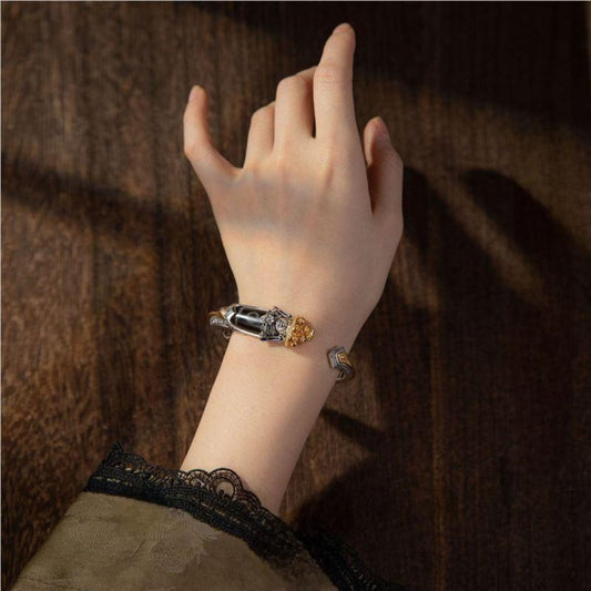 Tibetan wealth Dzi bead bangle with Nine-Eye Dzi beads on brass open cuff