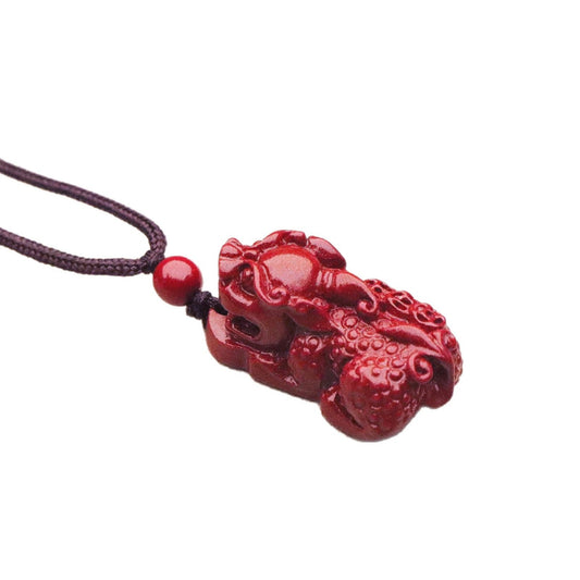 Cinnabar Pixiu three-coin pendant necklace with sparkling red finish and traditional Eastern symbolism