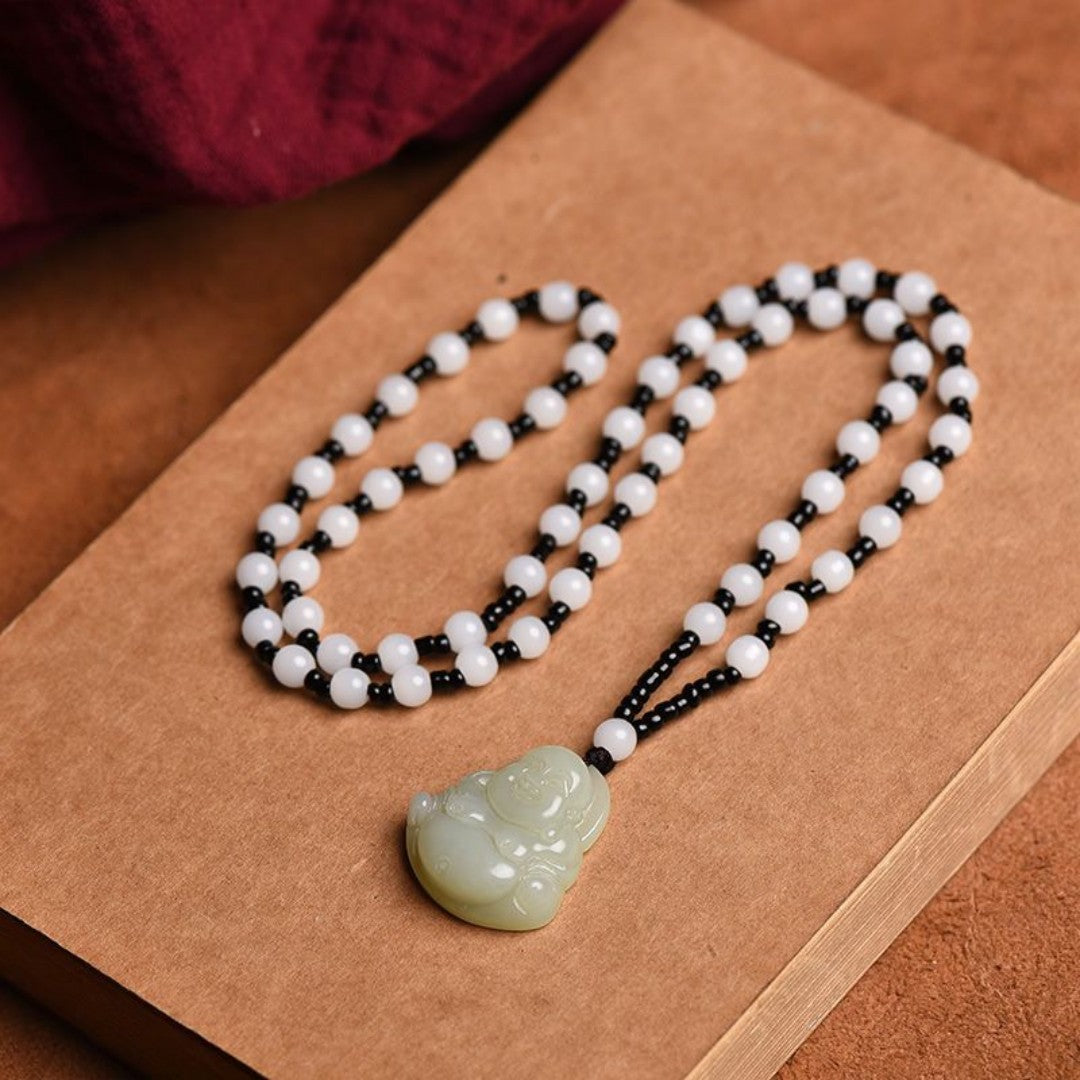 Natural White Jade Laughing Buddha Pendant Necklace for Ladies
