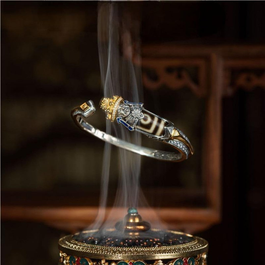 Tibetan wealth Dzi bead bangle with Nine-Eye Dzi beads on brass open cuff