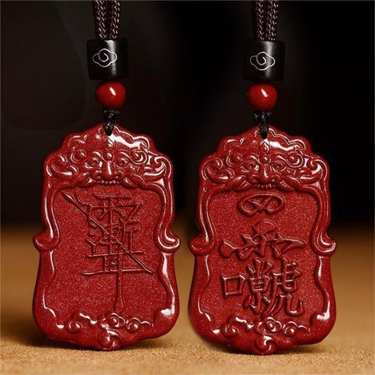 Cinnabar Taoist Pendant with Ziwei and Leizu Symbols – Red Sandstone Amulet for Good Fortune and Protection