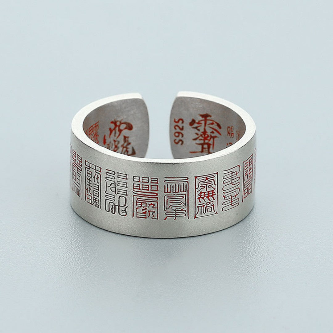 Taoist Golden Seal Heart Mantra Ring in S925 sterling silver with engraved Daoist symbols