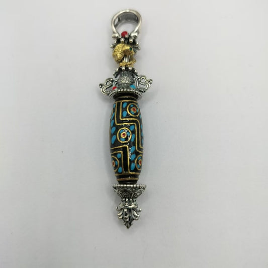 Tibetan Vajra Dzi Bead Pendant Necklace with Koi fish engraving and floral motifs