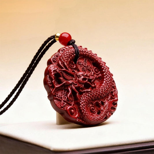 Cinnabar Dragon Medallion Pendant – Feng Shui Talisman Necklace for Luck and Prosperity