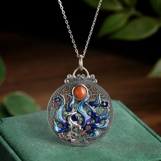 Nine-Tailed Fox Amulet - Enamel & Carnelian Talisman for Opportunity Sterling Silver