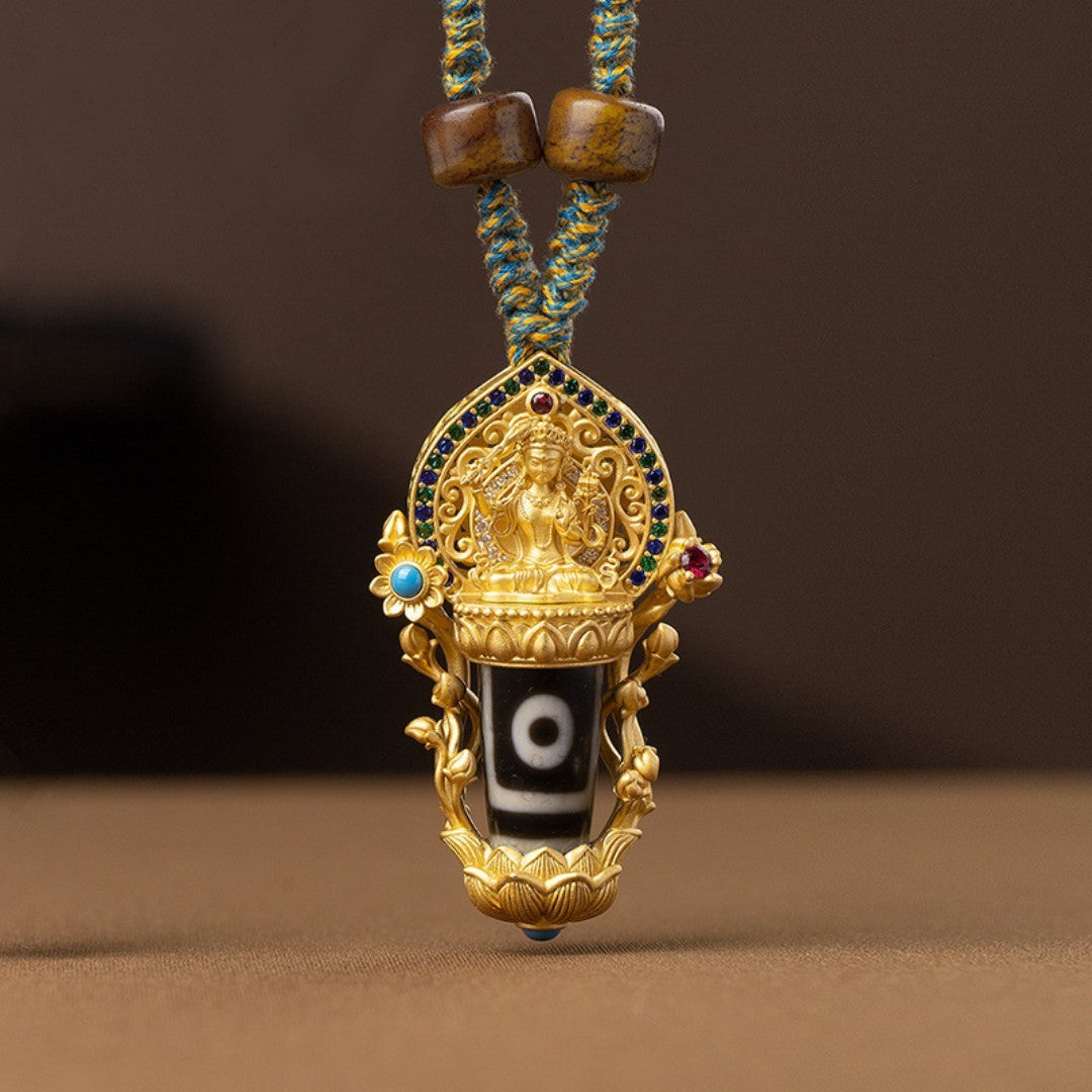 Manjushri Bodhisattva pendant necklace with rotating mantra bead