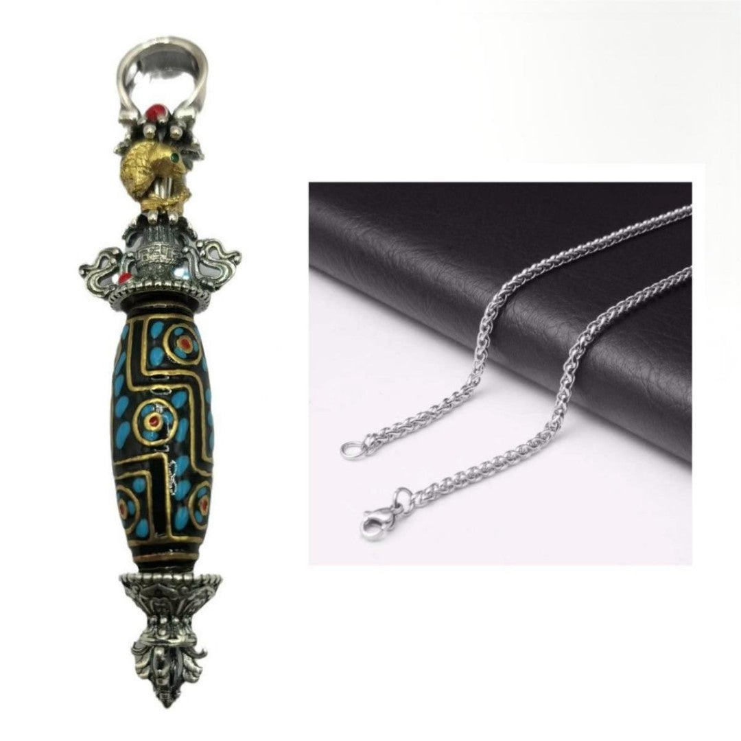 Tibetan Vajra Dzi Bead Pendant Necklace with Koi fish engraving and floral motifs