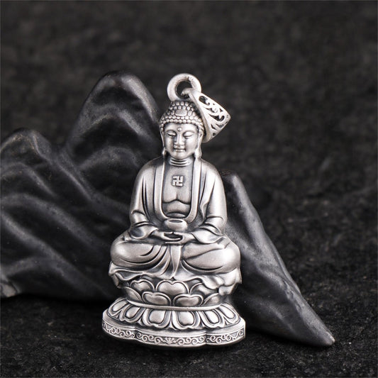 S999 Silver Double-Sided Da Ri Rulai Buddha Pendant – Vintage Embossed Buddhist Amulet Necklace