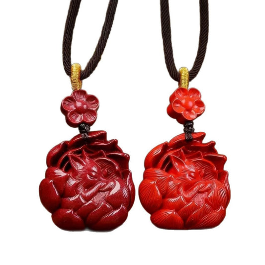 Cinnabar Nine-Tailed Fox Pendant Necklace – Red and Purple Sand Options | Spiritual Talisman for Protection and Wisdom