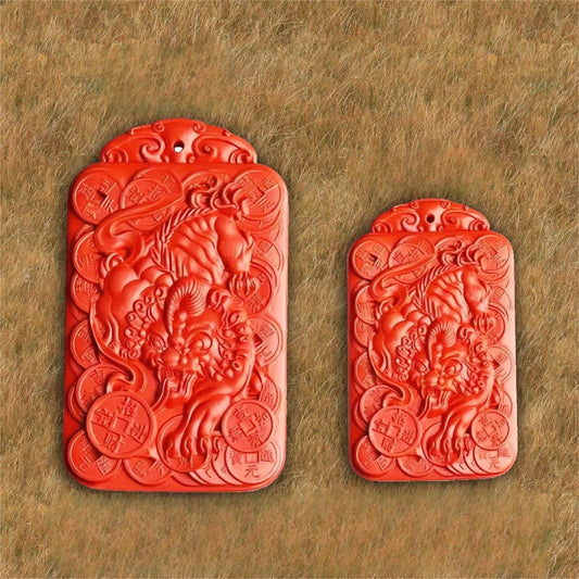 Cinnabar Pixiu and Five-Emperor Coins pendant necklace with engraved auspicious symbols