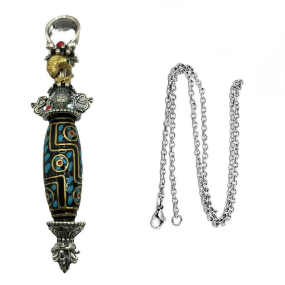 Tibetan Vajra Dzi Bead Pendant Necklace with Koi fish engraving and floral motifs