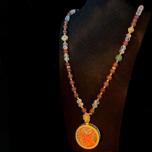 Strawberry and clear quartz Thangka necklace with Nine-Tailed Fox pendant