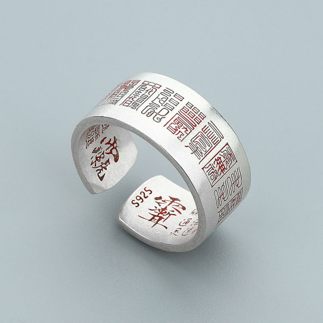 Taoist Golden Seal Heart Mantra Ring in S925 sterling silver with engraved Daoist symbols