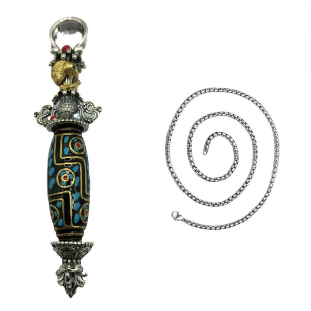 Tibetan Vajra Dzi Bead Pendant Necklace with Koi fish engraving and floral motifs